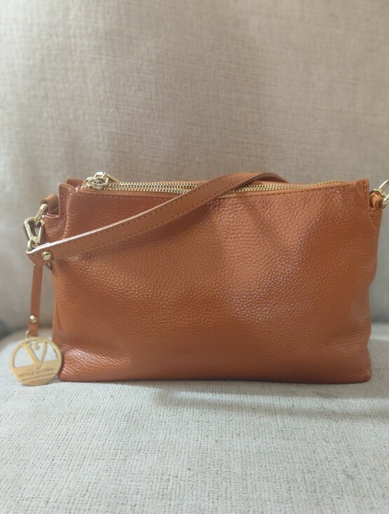 Valentina Handbags - Valentina Cognac Leather Shoulder Bag with Gold Charm